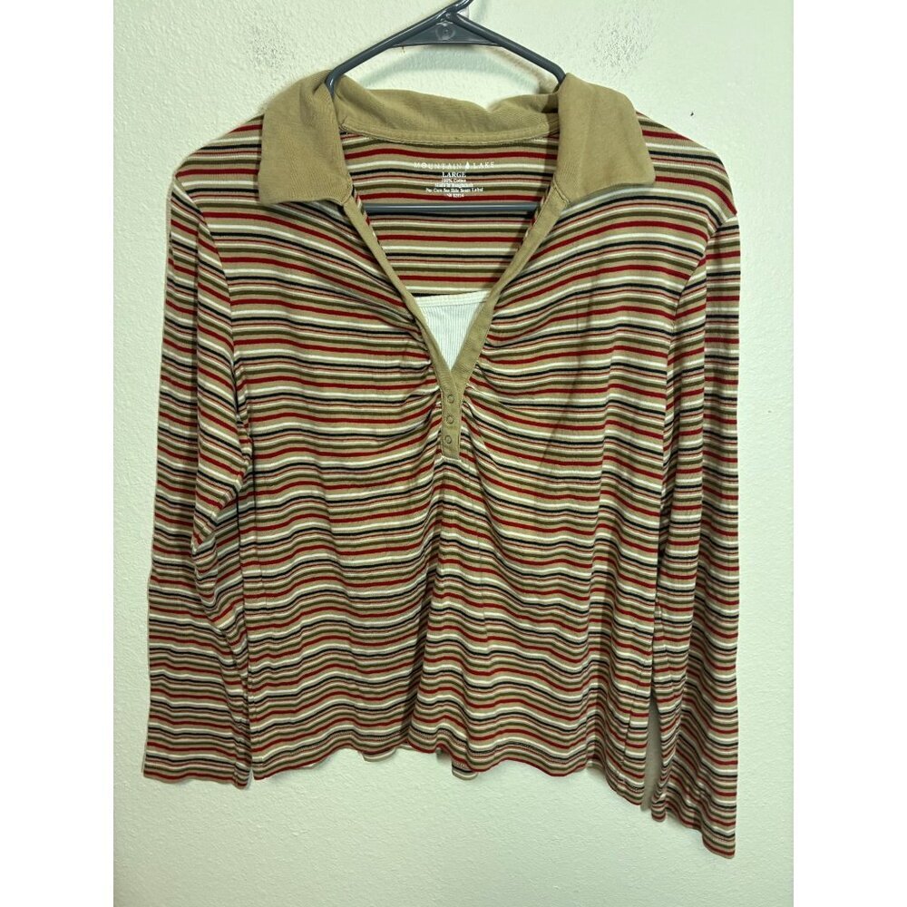 Mountain Lake Collared T-Shirt Striped Preppy Casual Cotton Beige Size Large BD2